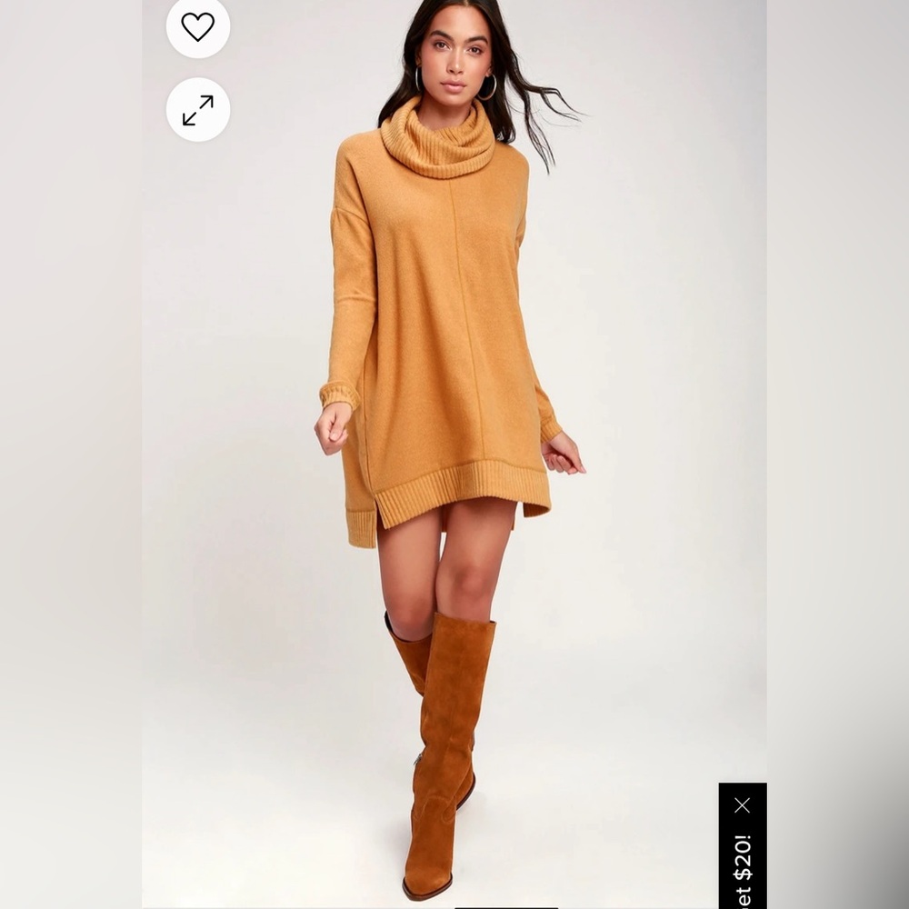 NWOT Lulus Autumn Daze Camel Cowl Neck Long Sleeve Sweater Dress